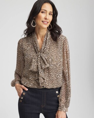 トップス FICTION TOKYO Leopard pattern blouse Threadbare Women's Leopard Print Chiffon Tie Front Smock Blouse